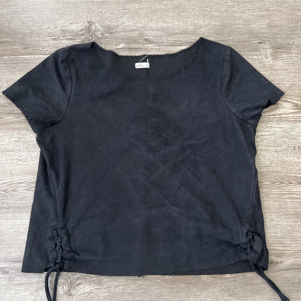 Hollister Faux Suede Short Sleeve Top Womens Small Black Drawstring Sides Y2K